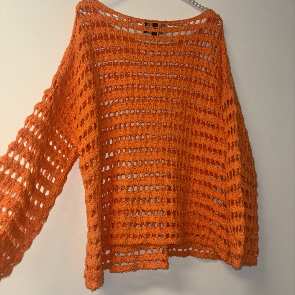 Day Trip Sweater Sz Sm Orange y2k Knit Crochet Ballon Sleeve Winter Fall Layerin - Picture 6 of 8